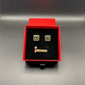 Vintage Black Enamel Gold Tone Cufflinks Tie Tack Set Mid Century Mens Formal